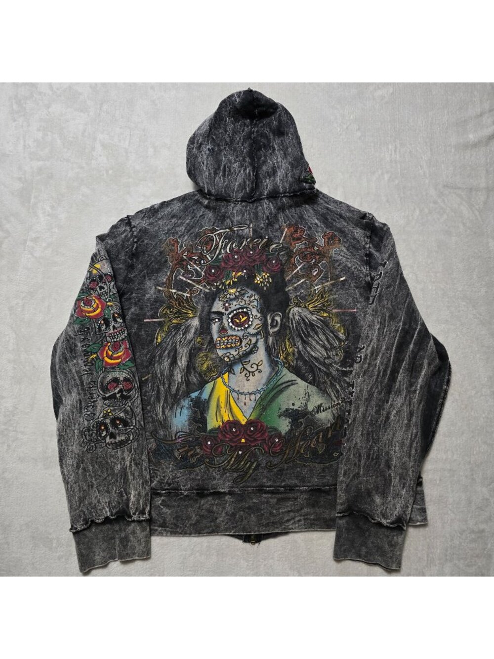 Mission 100% Cotton Sugar Skull Acid Wash Full Zip Jacket Hoodie XXL Tattoo Y2K